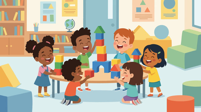 Diverse group of happy children playing with colorful building blocks in a classroom setting