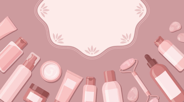 Pink Skincare Products and Rose Quartz Roller Arrangement with Decorative Frame