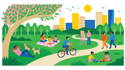 Fototapeta premium People enjoying activities in a vibrant city park on a sunny day.