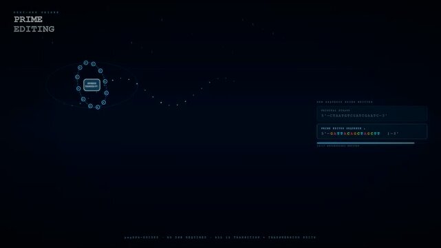 A sophisticated digital animation illustrates how CRISPR Gene Therapy works by precisely modifying DNA base sequences within a futuristic and high tech user interface display.