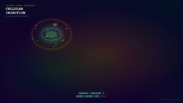 A stylized scientific animation illustrating a CRISPR Gene Therapy process where a molecular carrier penetrates a cell nucleus to successfully deliver genetic material for medical treatment.