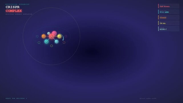 Scientific visualization of CRISPR Gene Therapy as it assembles a molecular complex for advanced medical research and genetic engineering in a futuristic digital lab environment.