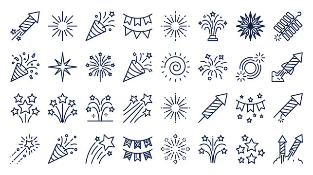 Fireworks line icons. pyrotechnic, firework rocket, cracker and salute. garish garland flags.