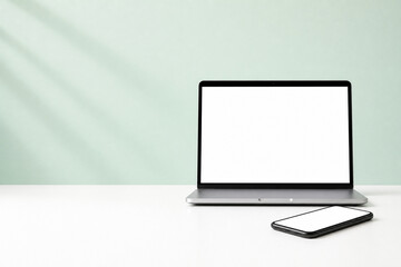 Fototapeta premium Laptop and Smartphone Blank Screen Mockup in Bright Home Office