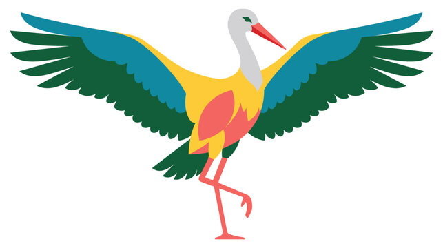 Colorful stork bird illustration with spread wings standing on one leg isolated on white.