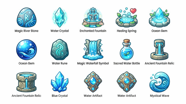 Collection of blue crystal fantasy objects.