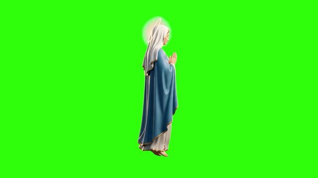 A 3D render of the Virgin Mary figure standing in profile with hands folded in prayer and a glowing halo above her head. Isolated on a green screen chroma key background, this asset is designed for ea