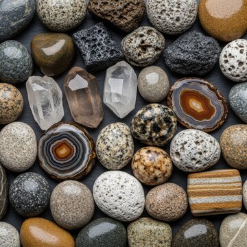 Assorted polished stones and minerals on dark background.