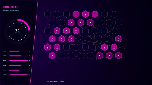 A digital workflow map displaying animated hexagonal grid patterns with rising numerical data counters and circular progress meters projected in a virtual purple interface environment display