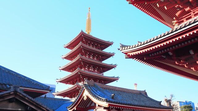 Bright calm daytime scene with no people, showing Sensoji temple and five story pagoda in Tokyo Japan, detailed red wooden structures, capturing traditional architecture and peaceful atmosphere