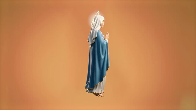 A 3D animated figure of the Virgin Mary praying with a glowing halo, rotating in a seamless 360-degree loop. Animated against a solid warm orange background for religious video production.