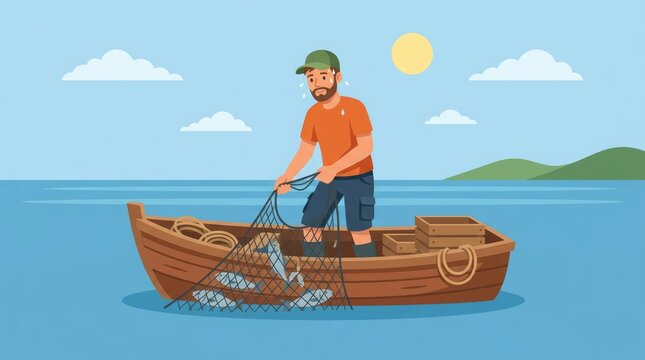 A fisherman in a small boat, hauling in a net full of fish under a sunny sky. The sea is calm, with distant hills under fluffy clouds.