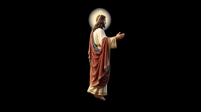Side profile of a sacred Jesus Christ figure with outstretched hands and a luminous glowing halo, isolated on a solid black background. Great for high-contrast religious art, church event visuals, bib