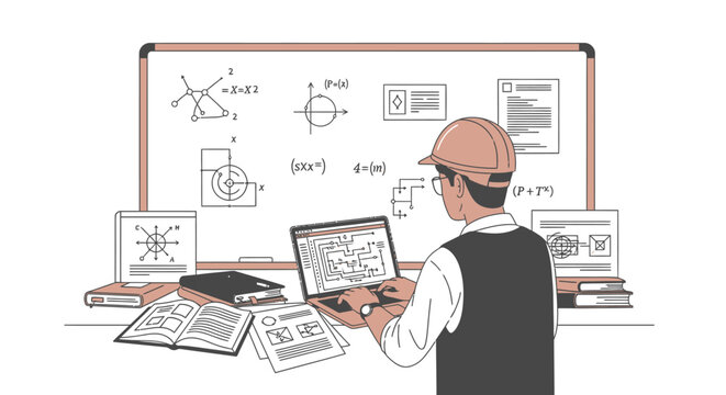 Engineer wearing hard hat working on laptop at desk with complex diagrams and formulas on whiteboard