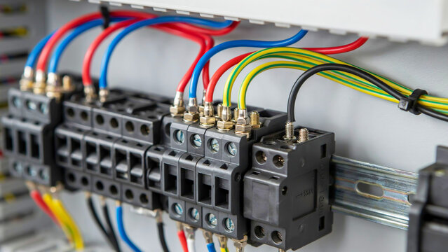 Close-up of electrical wiring and terminal blocks in an industrial control panel electricity power