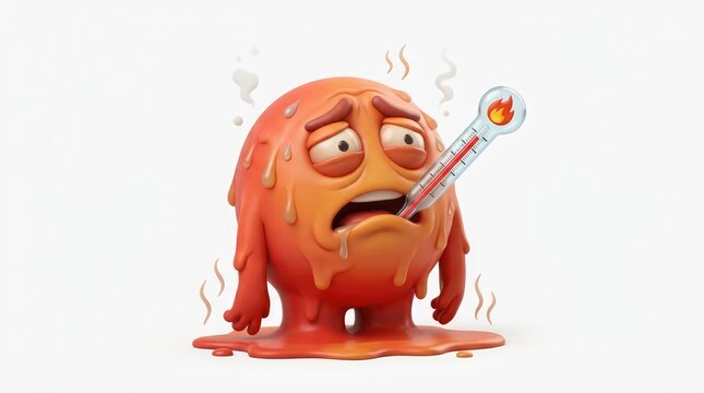 Feverish cartoon monster feeling unwell with a thermometer in its mouth, depicted in an orange, melting state