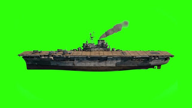 A 3D model of a mid-20th-century military aircraft carrier emitting a trail of smoke from its smokestack. Set against a solid chroma key green backdrop, this asset is optimized for naval combat simula