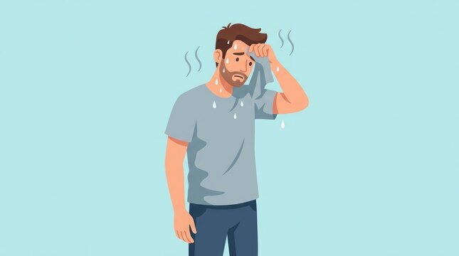 Sweating man wiping forehead with a cloth, feeling hot and tired, illustration