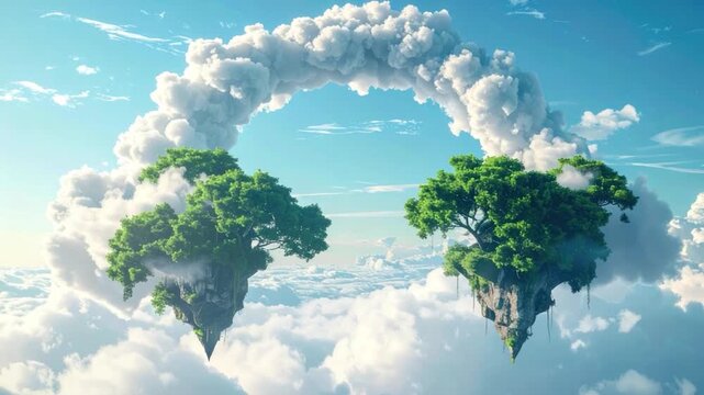 Two floating islands with lush trees connected by a cloud arch in the sky
