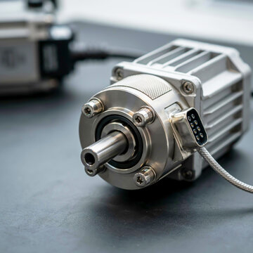 Close-up of a silver rotary encoder with a threaded shaft and connector sensor technology