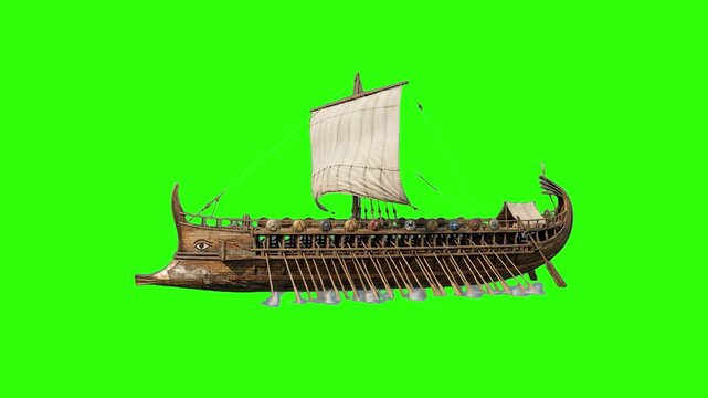 A detailed 3D render of an ancient Greek trireme galley with rowing oars and a white sail, set against a chroma key green background. This historical vessel asset is perfect for cinematic storytelling
