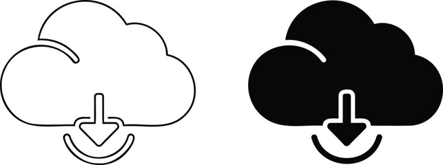 Obraz premium Minimalist cloud download icons featuring solid and outline versions for modern user interface design projects