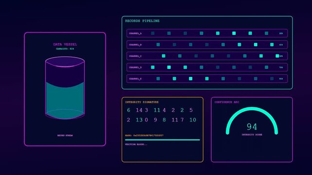 Digital workspace auditing systems monitor fluctuating information packets and processing load variations shown on a dark neon screen for complex data analytics and computing network observation
