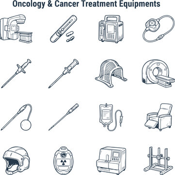 Hospital oncology cancer treatment equipments vector icon set, chemotherapy oncology clinic tools line art illustration, flat outline symbols of linear accelerator radiation mask and chemo infusion pu