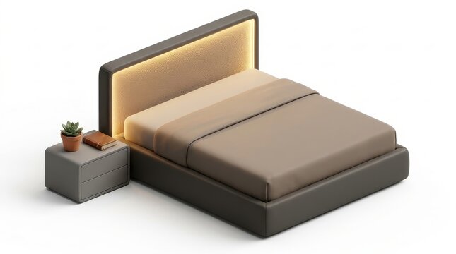 Furniture - Modern Luxury Platform Bed With LED Backlit Headboard and Nightstand in Neutral Tones 3D Render