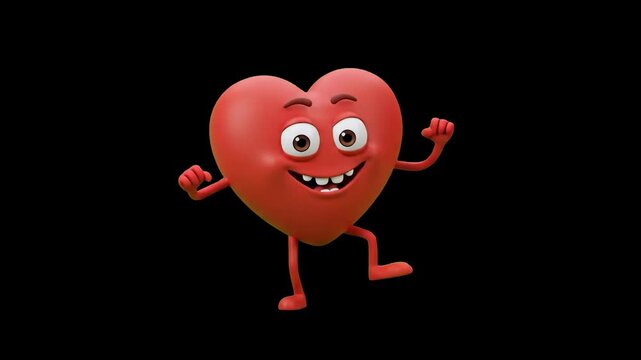 A cheerful 3D cartoon red heart character with a smiling face dynamically dancing, isolated on a solid black background. Great for Valentine's Day marketing, health awareness campaigns, romantic anima