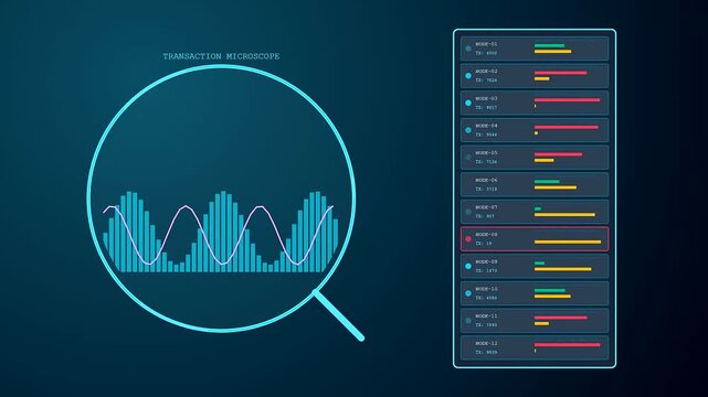 Dynamic workspace auditing interface visualizing fluctuating financial transaction patterns represented as moving bar graphs and glowing line waves within a circular scanning lens on dark screens