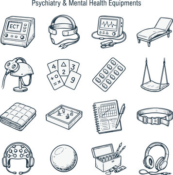Psychiatry and mental health equipments vector icon set, hand drawn sketch style psychological clinic diagnostic tools illustration, flat outline symbols of ect machine therapy couch tms helmet and ee