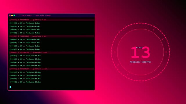 A digital workspace auditing process appears as command line interface windows load sequential data logs over a vibrant magenta gradient backdrop within this procedural motion graphic