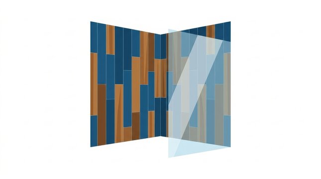 Interior Design - Modern Tiled Wall Corner with Blue and Brown Vertical Ceramic Tiles and Glass Panel Overlay