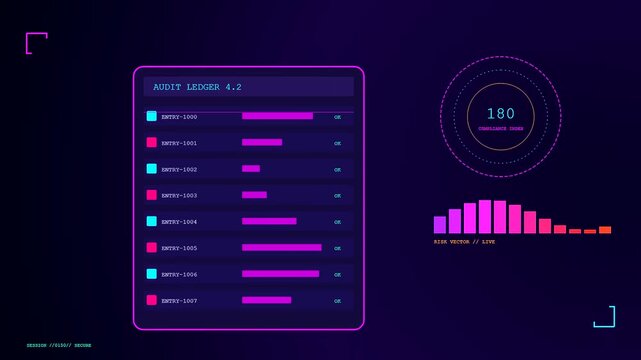A digital workspace auditing interface displaying changing metrics and neon ui elements on a dark screen featuring evolving data logs during a simulated monitoring sequence