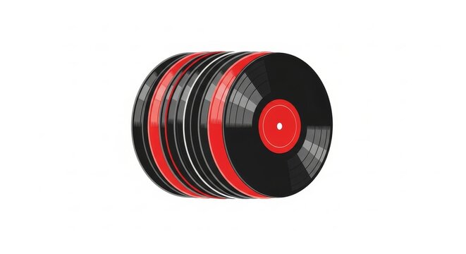 Music - Stack of Black Vinyl Records with Red Labels Arranged in a Row on White Background