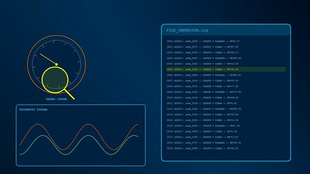 Digital displays showing workspace auditing with scrolling system logs and moving graphical radar needles set against a dark blue interface for tracking complex software data streams