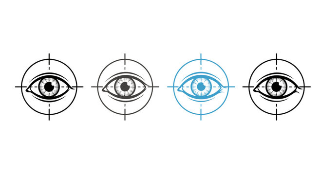 Series of stylized eyes with crosshair targeting guides for graphic design and illustration.
