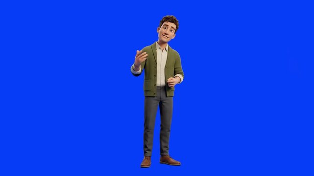 A 3D animated male teacher wearing a green cardigan gestures and points his finger toward an invisible blackboard or whiteboard. This character asset is isolated on a chroma key blue screen for educat