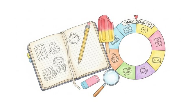 Stationery - Kawaii Style Daily Schedule Wheel Planner with Open Journal Pencil Eraser and Magnifying Glass Flat Lay