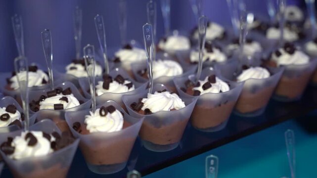 Pan shot of chocolate mousse dessert cups