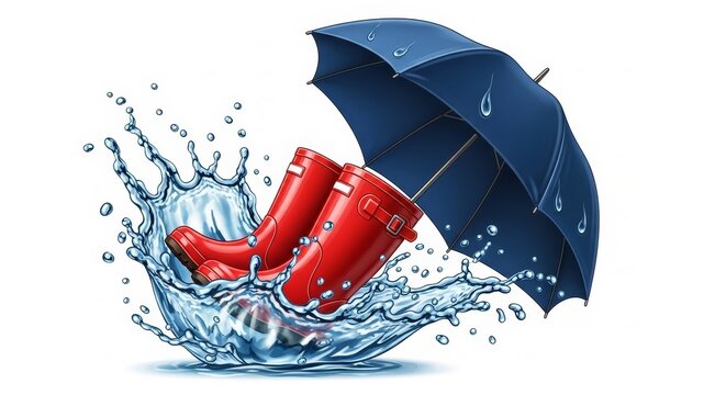Weather - Red Rain Boots Splashing in Puddle with Open Navy Blue Umbrella and Water Droplets on White Background
