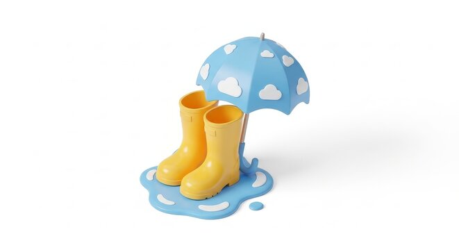 Weather - Yellow Rain Boots and Blue Cloud Umbrella Standing in Puddle 3D Cartoon Style Illustration