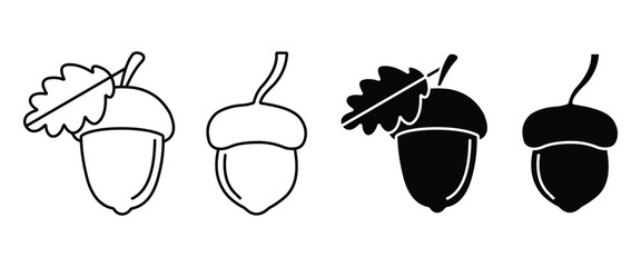 Acorn Vector Icon Set, Oak Tree Nut Outline and Silhouette Collection for Autumn Nature, Forest and Botanical Design Isolated on White Background © Firoz Art Studio99