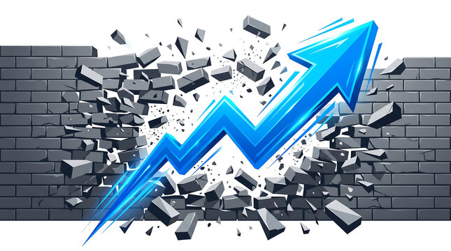 Blue financial arrow breaking through a brick wall vector illustration