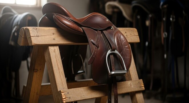 Brown Leather Horse Saddle on Wooden Stand in Stable.