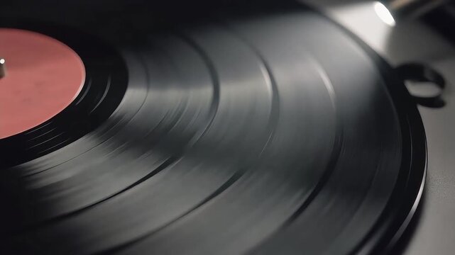 Spinning vinyl record close up with pink label