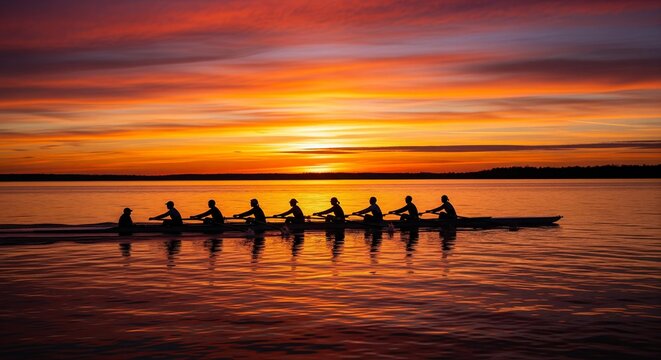 Silhouette of a rowing team at sunrise