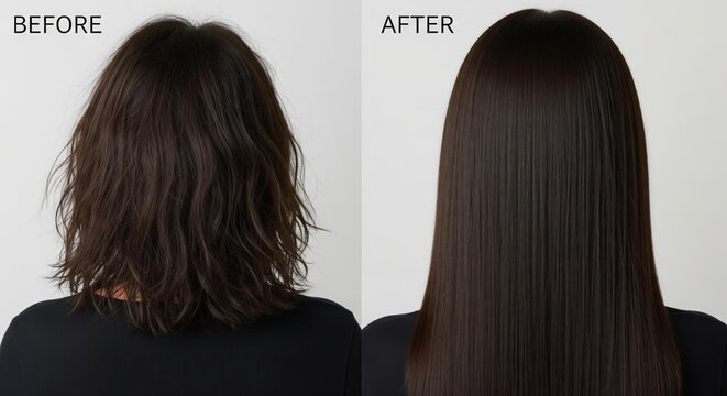 Woman's frizzy hair transformed into smooth, straight hair after treatment