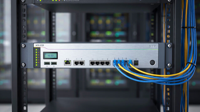 Network Time Protocol NTP server rack unit with connected cables and blinking lights NTP server technology